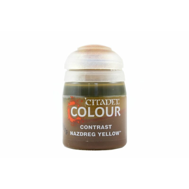 A pot of Citadel Contrast paint in 'Nazdreg Yellow' color, primarily used for painting miniature figures.