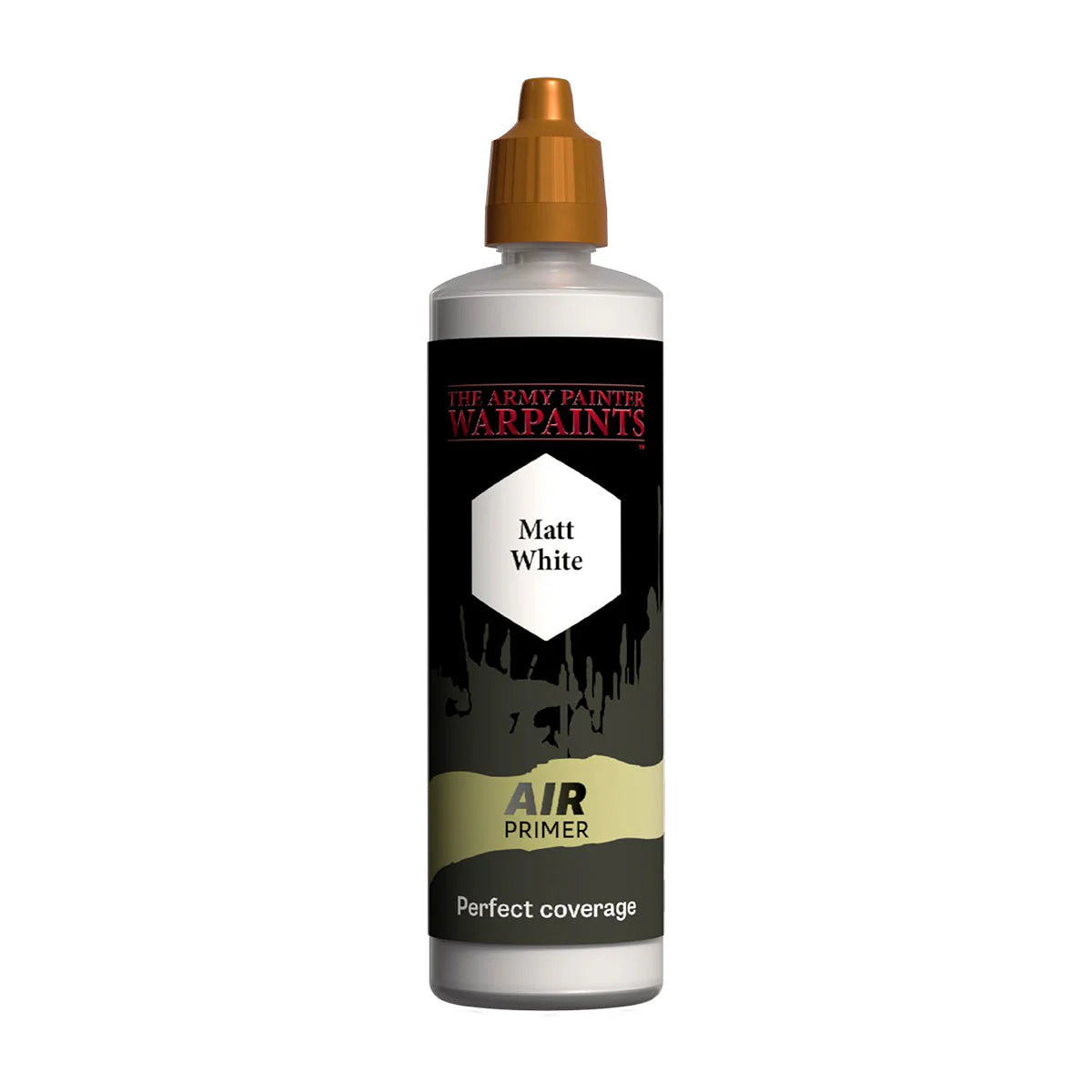 A bottle of The Army Painter air warpaints in matt white primer color, designed for airbrush application on miniatures.