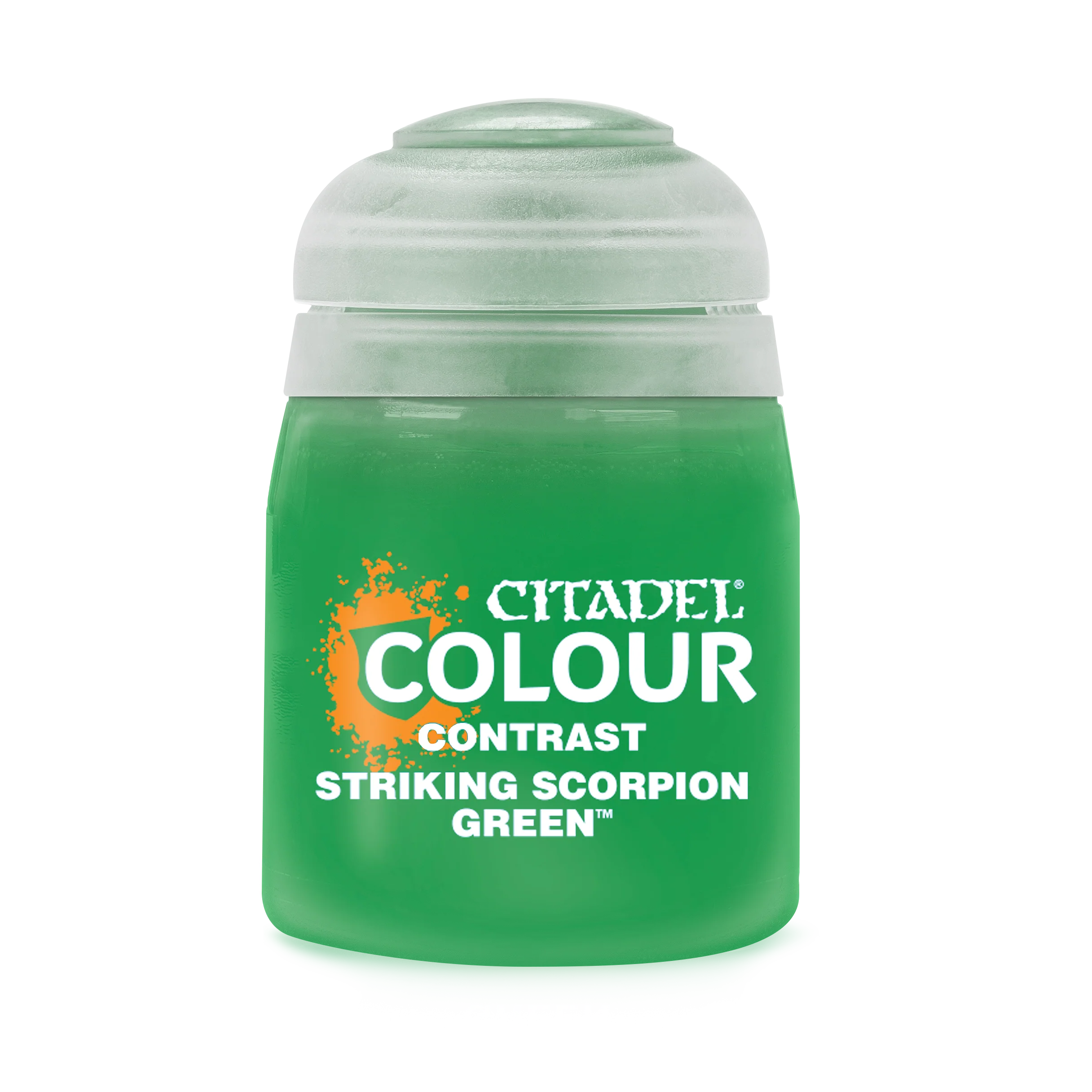 A bottle of Citadel Contrast Paint in the color Striking Scorpion Green.