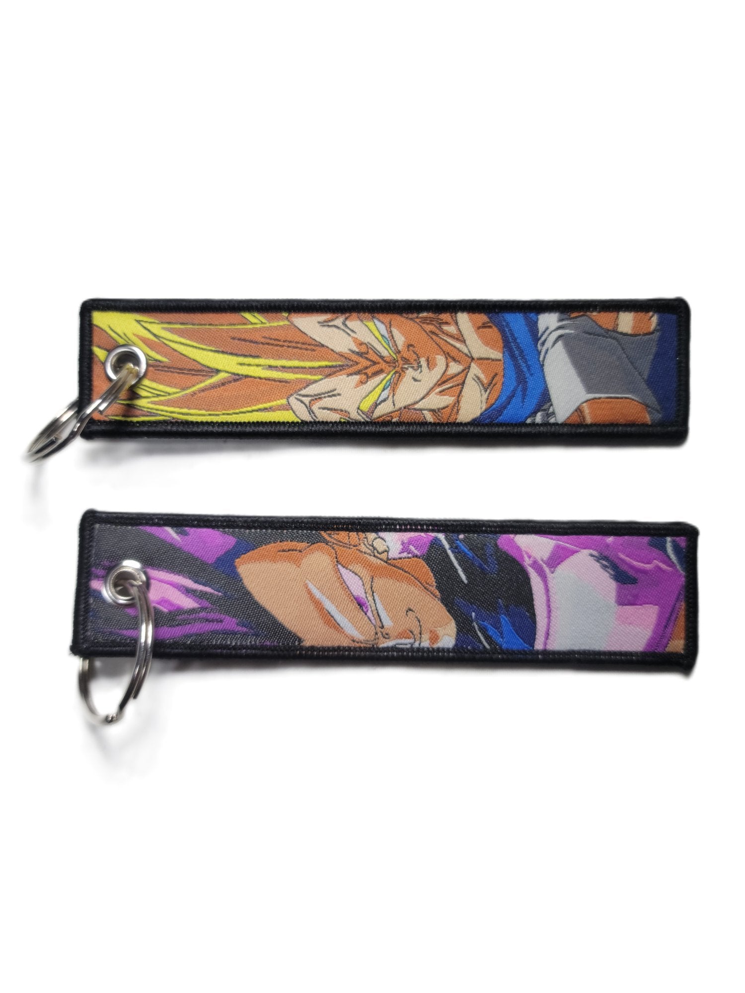 A cloth keychain featuring an anime character with a black and blue color scheme.