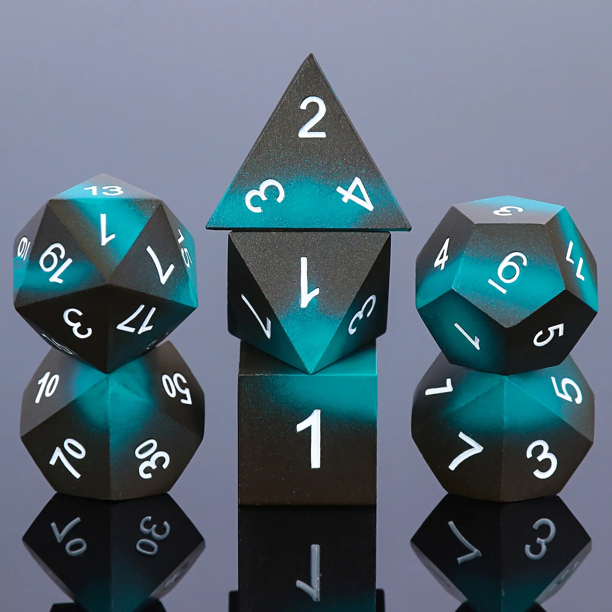 Black & Blue Metal Dice - White font - Metal 7ct Dice Set