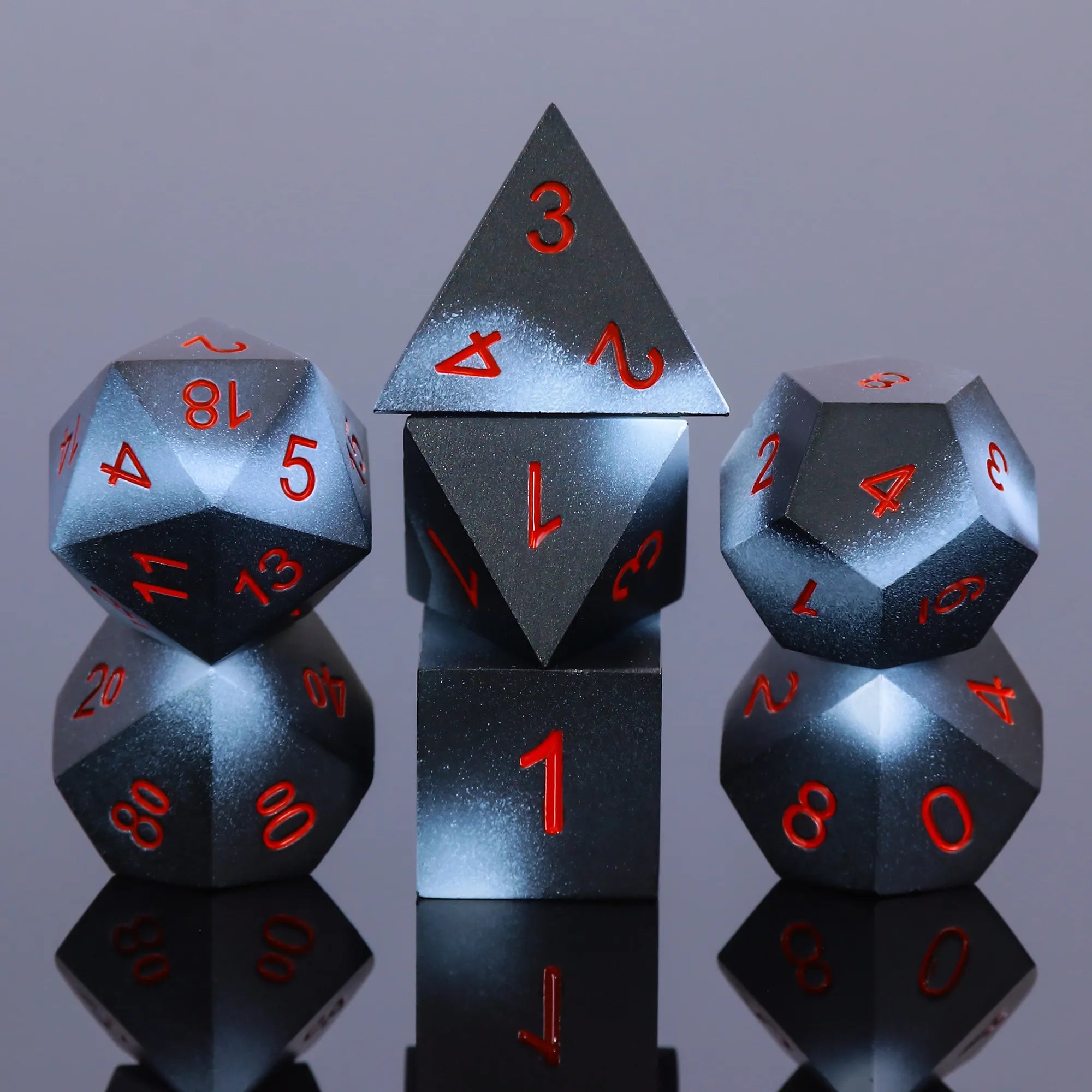 Black & White Metal Dice - Red font - Metal 7ct Dice Set