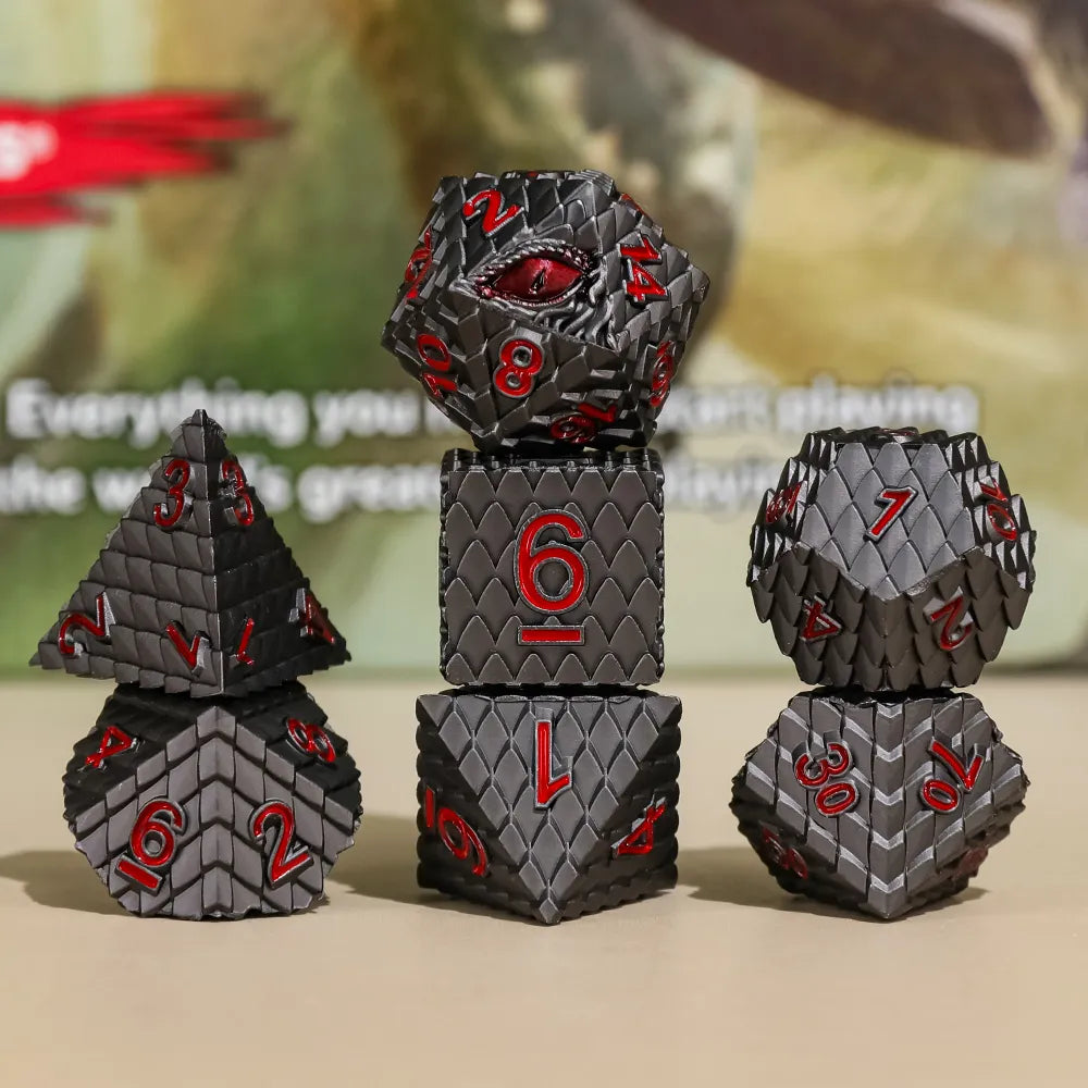 Grey Dragon - Red Eye - Metal 7ct Dice Set