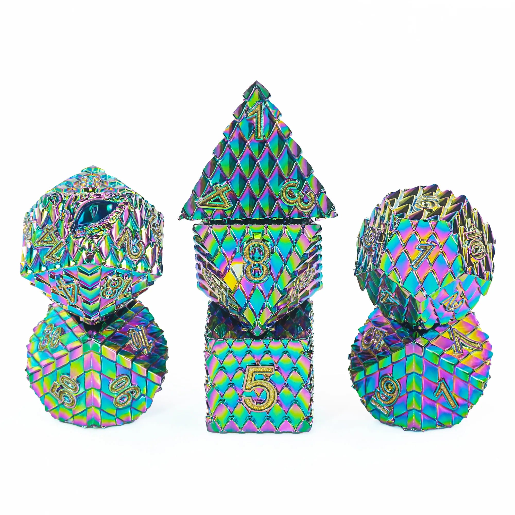 Electroplated -Gold Font & Blue Eye - Metal 7ct Dice Set