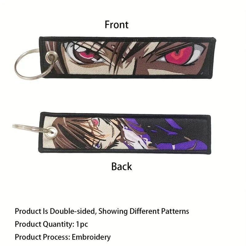 Double-sided cloth keychain featuring anime character designs, with front and back views.