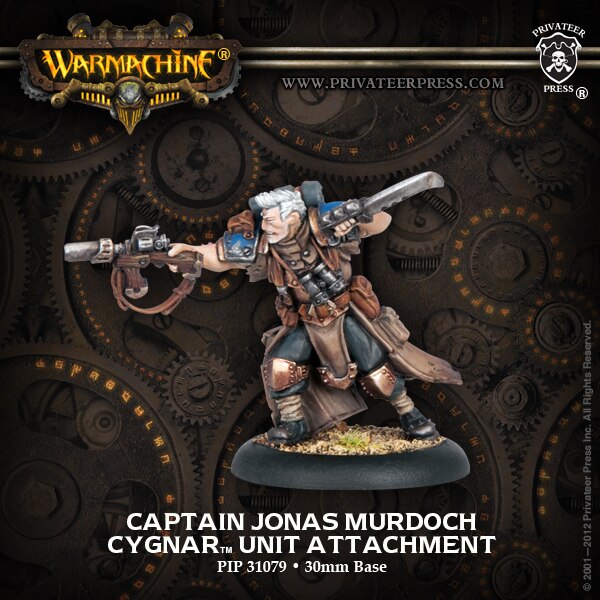 A miniature figure representing Captain Jonas Murdoch, a unit attachment for the Cygnaran army, with a gun and a base, against a backdrop with gear symbols.