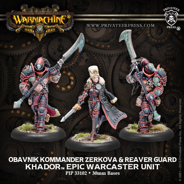 Three painted miniature figures from the Obavnik series, featuring a female character with a sword and a male character with a staff, both in black and red armor, and a female character in a hat and coat in a more serene pose.
