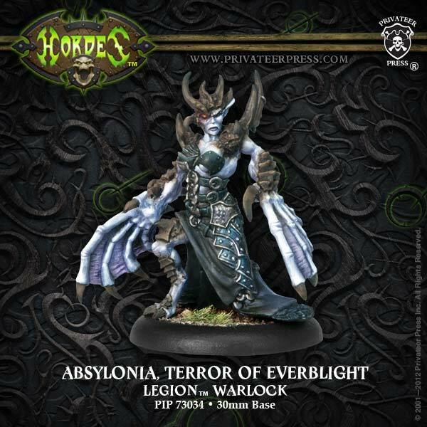 A figurine miniature from the 'Hordes' game series, named 'Absylonia, Terror of Everblight', depicting a warlock character with elongated limbs and chitinous barbs.
