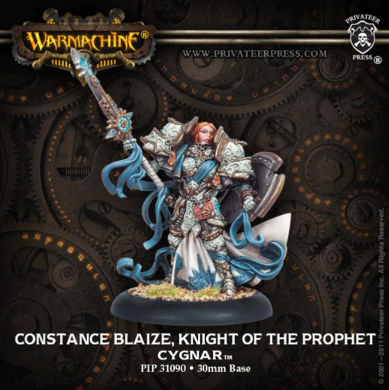 A miniature figure of Constance Blaize, Knight of the Prophet, from the Warcaster game. The figure is dressed in armor and holding a sword, with a background of gears and a clock.