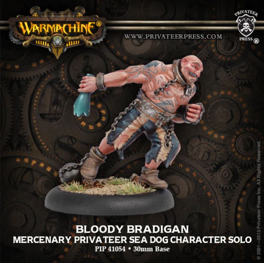 A miniature figure of a 'Bloody Bradigan' character from the Mercenary line, with a chain-wrapped fist and a bottle, displayed on a 30mm base.