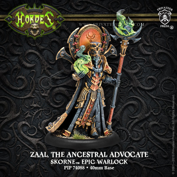 A miniature figure of 'Zaal, the Ancestral Advocate' from the Warlock game, featuring a detailed character model with a sword and ornate robes, displayed on a black base with a decorative background.