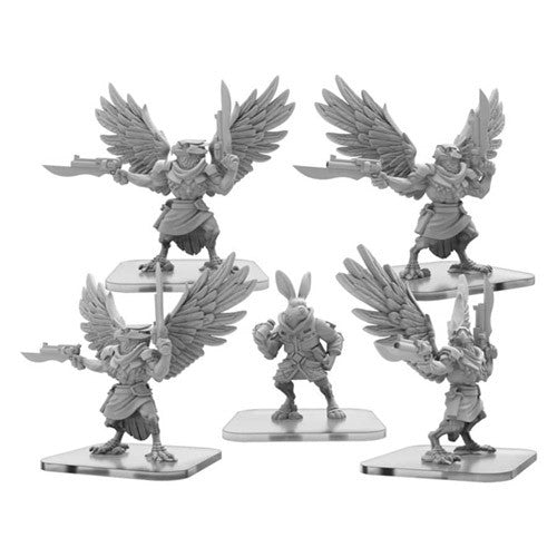 Three metal miniature models on a silver tray, representing 'Shriekers and Hopper' from the Monsterpocalypse game. The models are in a metallic color with detailed designs, unpainted.