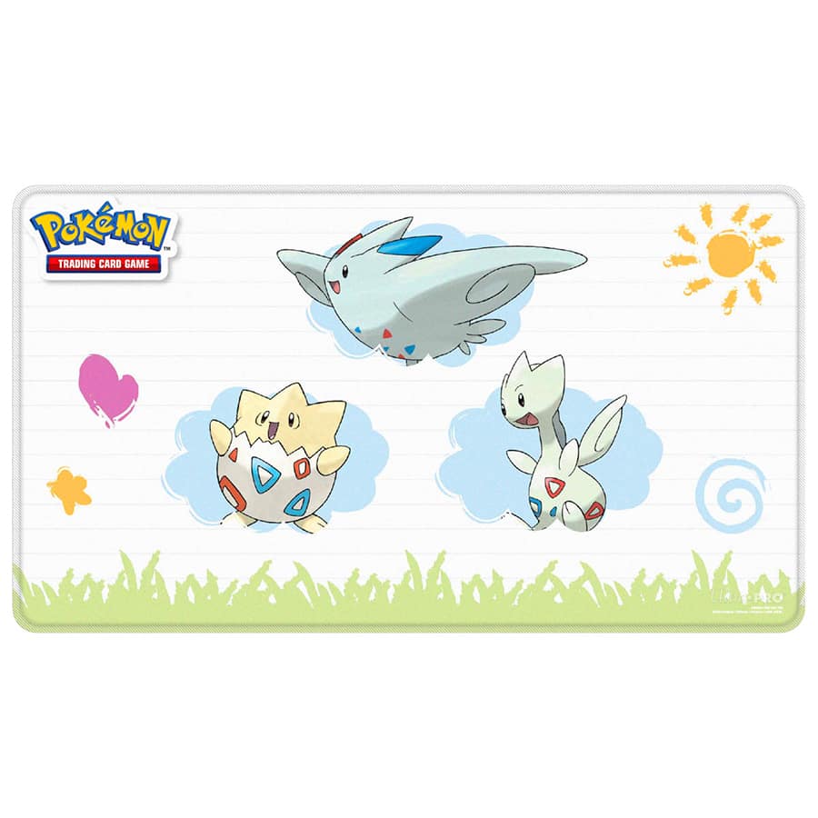 Pokémon trading card game playmat with four characters on a white background