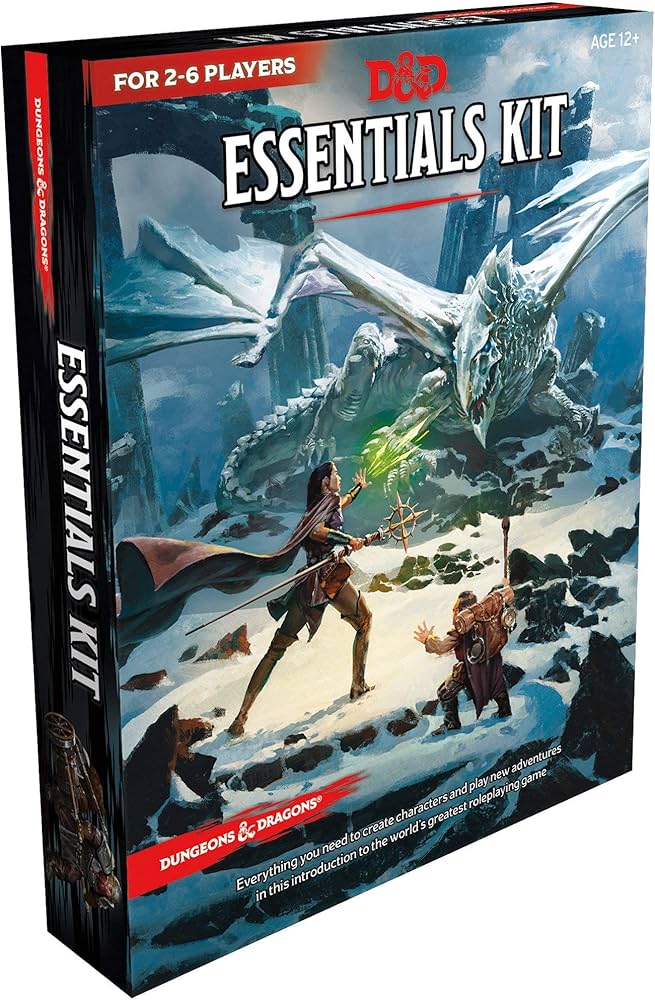 The image shows the cover of the Dungeons & Dragons - Essentials Kit box, featuring an illustration of fantasy characters and a dragon on a snowy mountain.
