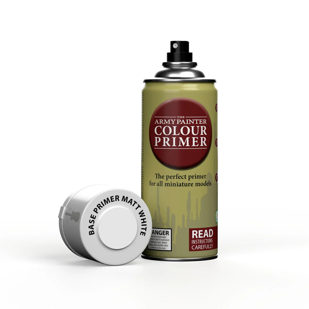 Army Painter Colour Primer spray can and base primer mat white can on a white background