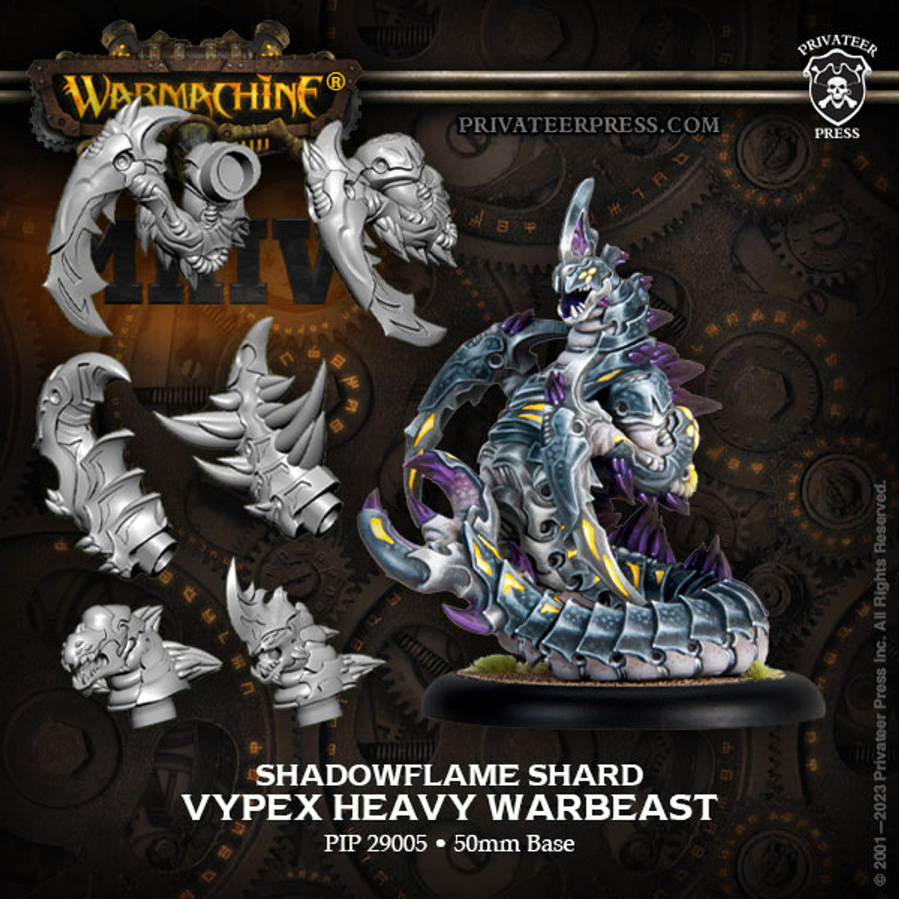 A metal miniature figure known as 'Vypex Heavy Warbeast' from the Warmachine game, featuring various interchangeable parts including heads and tails, displayed with magnets.