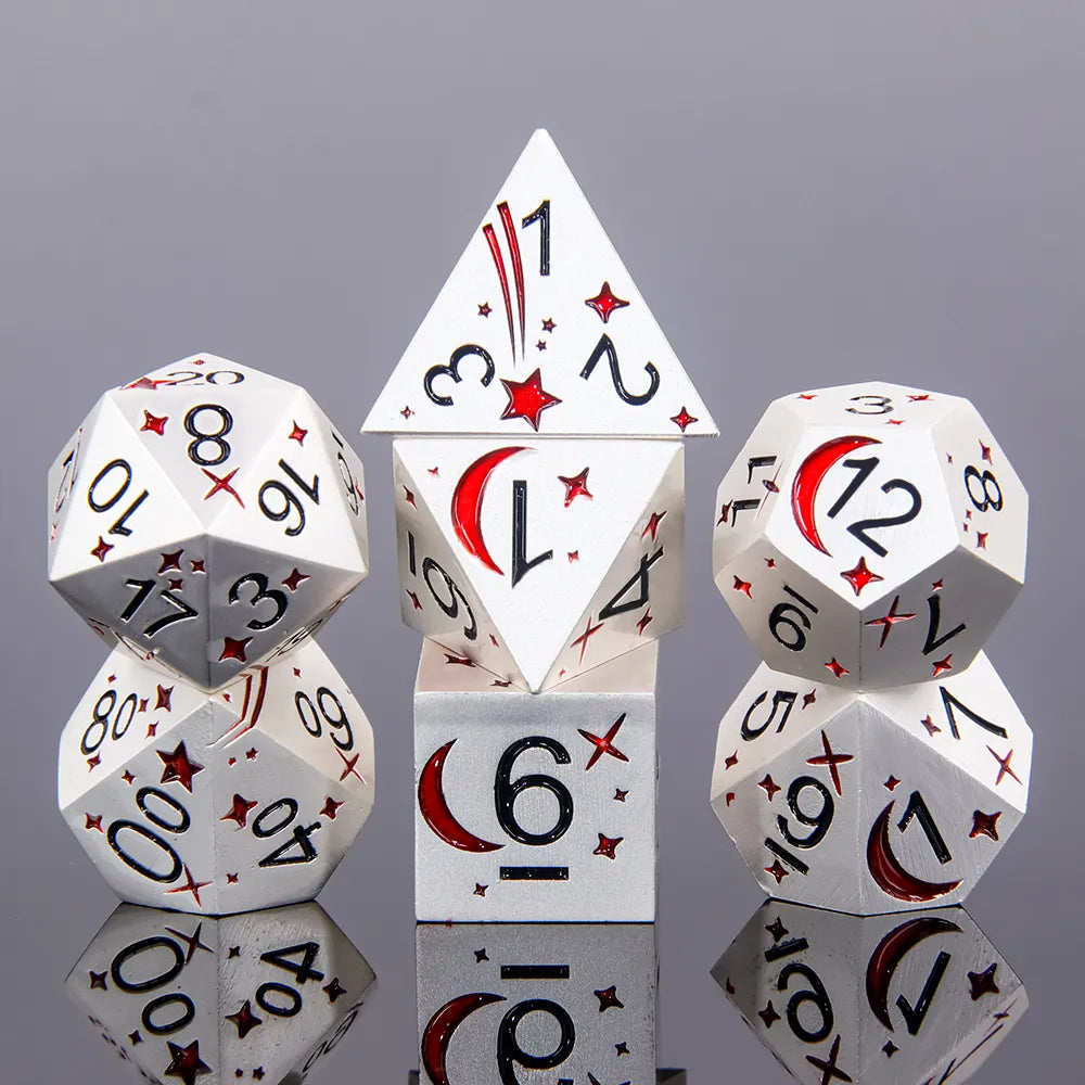 Comet-Red - Black font - Metal 7ct Dice Set