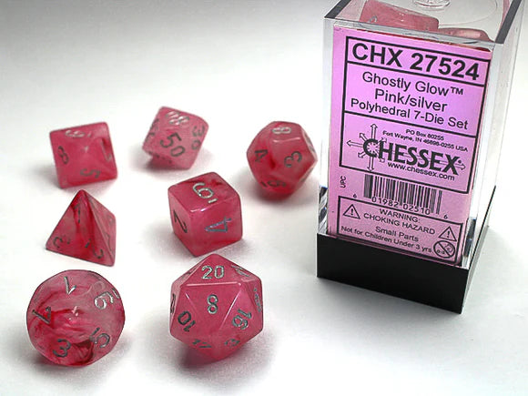7 Dice Set Ghostly Glow - Pink/Silver