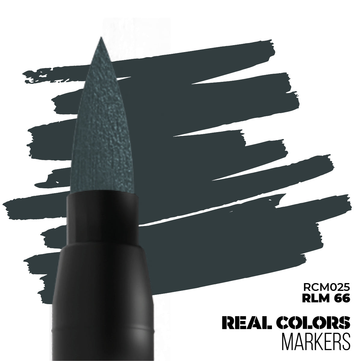 Marker with a black cap and tip, surrounded by black brush strokes on a white background, with 'Real Colors Markers' branding.