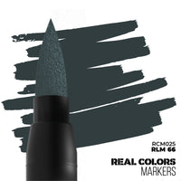 Marker with a black cap and tip, surrounded by black brush strokes on a white background, with 'Real Colors Markers' branding.