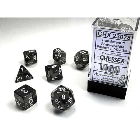 7 Dice Set - Translucent Smoke with White Font