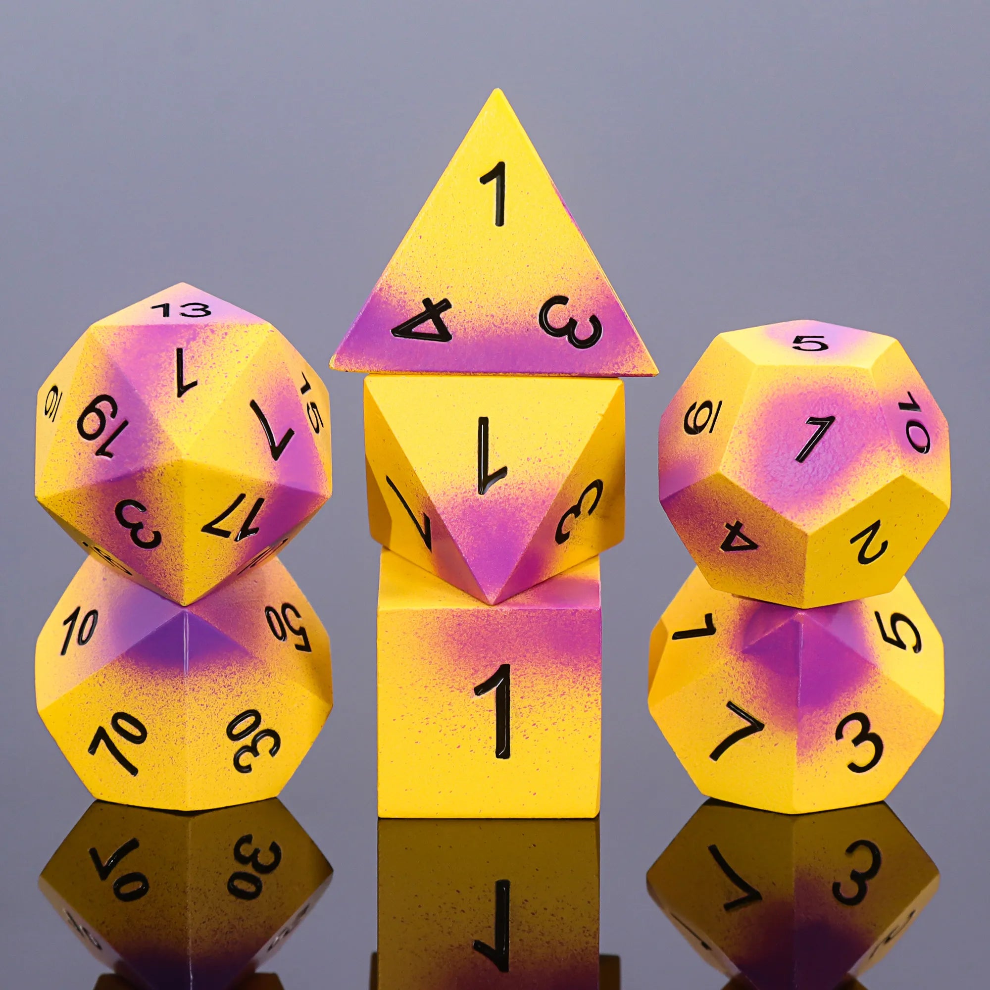 Yellow & Purple -Black Font - Metal 7ct Dice Set