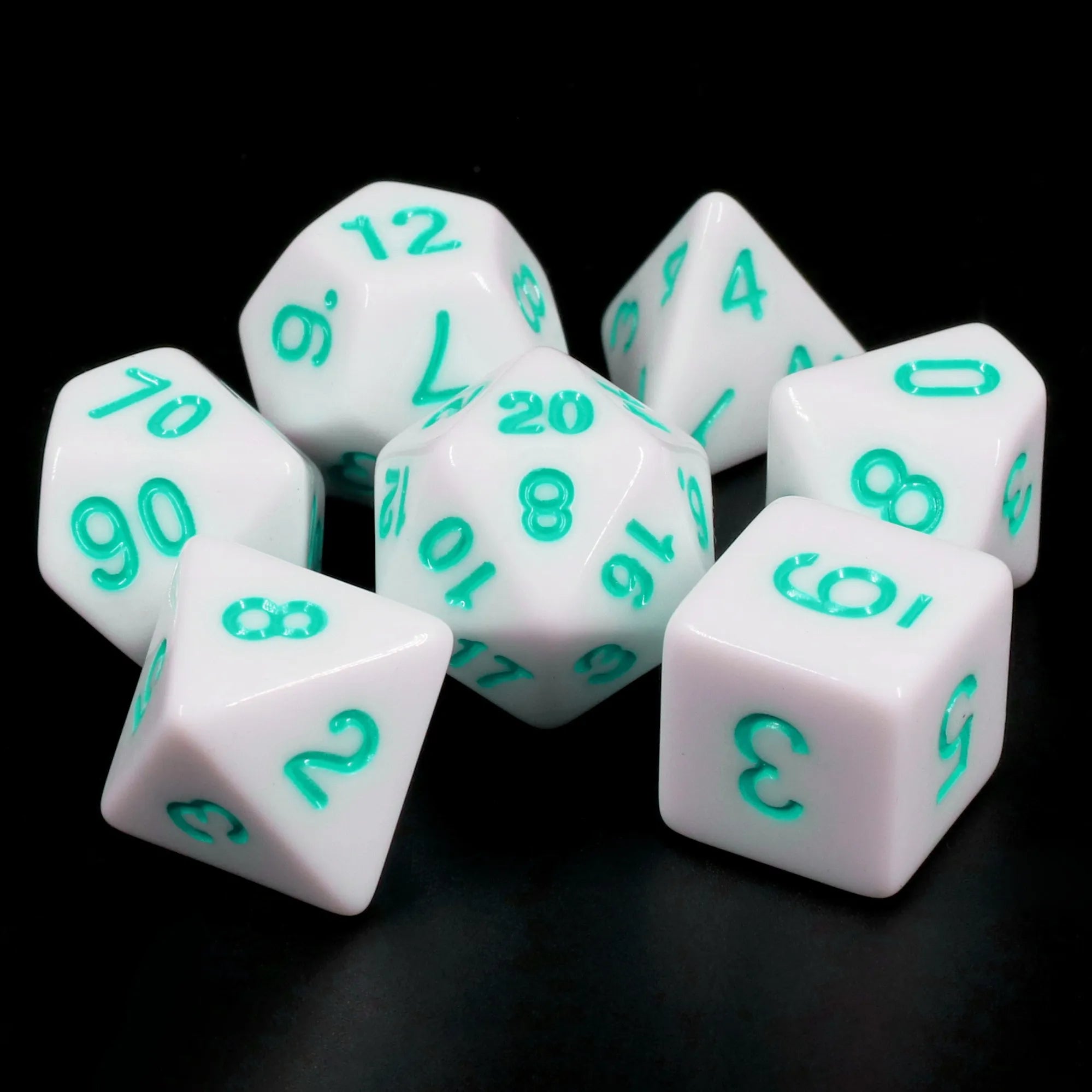 White Opaque dice (Teal font) - 7ct Dice Set