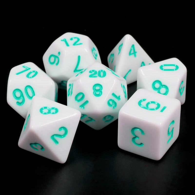 White Opaque dice (Teal font) - 7ct Dice Set