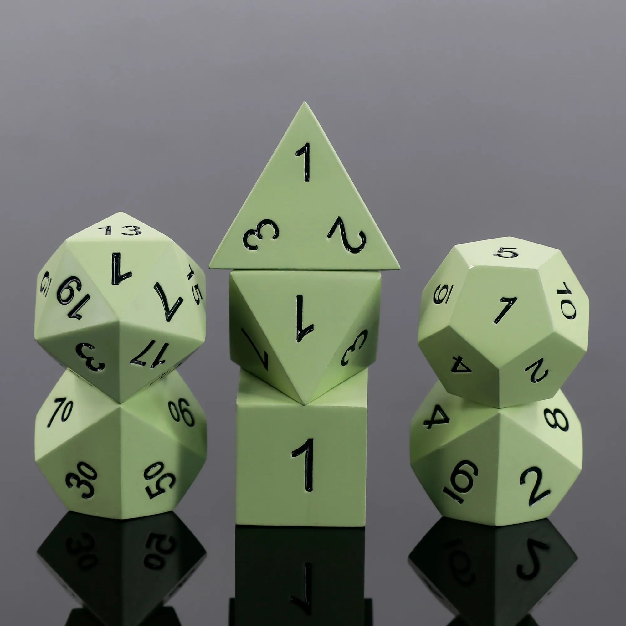 Light Green Metal Dice - Black font - Metal 7ct Dice Set