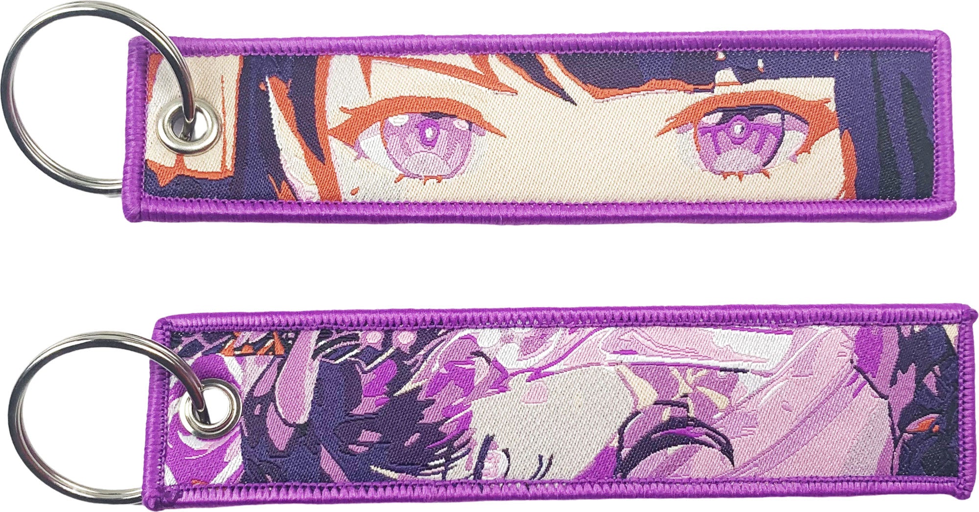 A keychain featuring a character design from the anime Genshin Impact on a purple background.