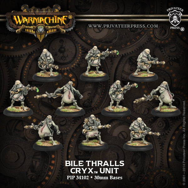 A set of miniature figures representing 'Bile Thralls' from the Warmachine game, featuring corrosive and fantastical designs, displayed on various bases.