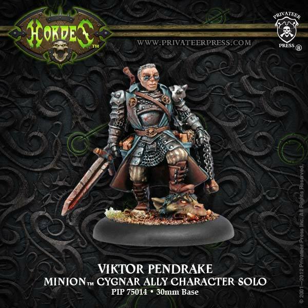 A miniature figurine of Viktor Pendrake, a fantasy character, with a sword and shield, seated on a base.
