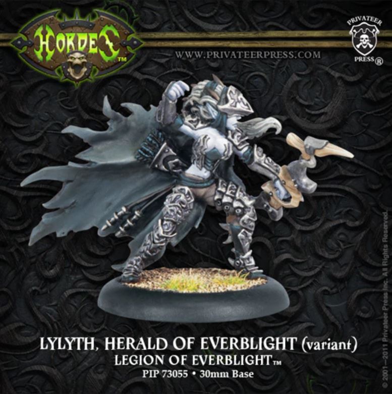 A miniature figure of Lylyth, Herald of Everblight, with a sword and shield, dressed in dark and light armor, on a base with a fantasy-themed background.