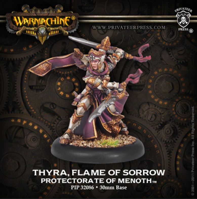A miniature figure of Thyra, Flame of Sorrow, from the Warcaster game, equipped with a sword and wearing a purple and gold outfit.
