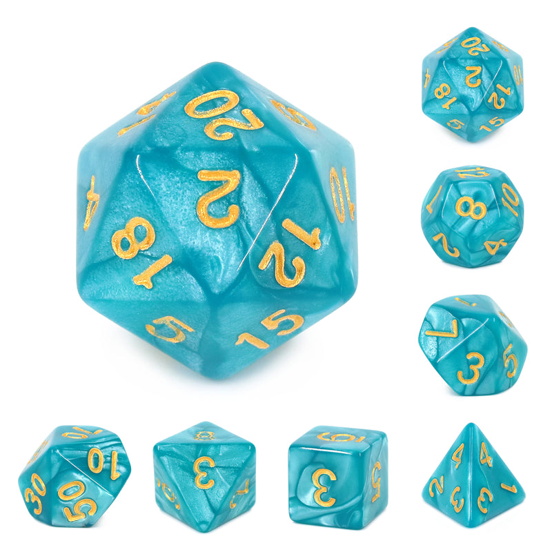 LAKE BLUE (GOLDEN FONT) PEARL DICE SET