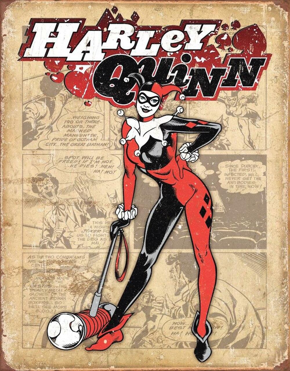 A vintage style metal novelty sign featuring Harley Quinn from DC Comics, with a black and red color scheme and a retro aesthetic.
